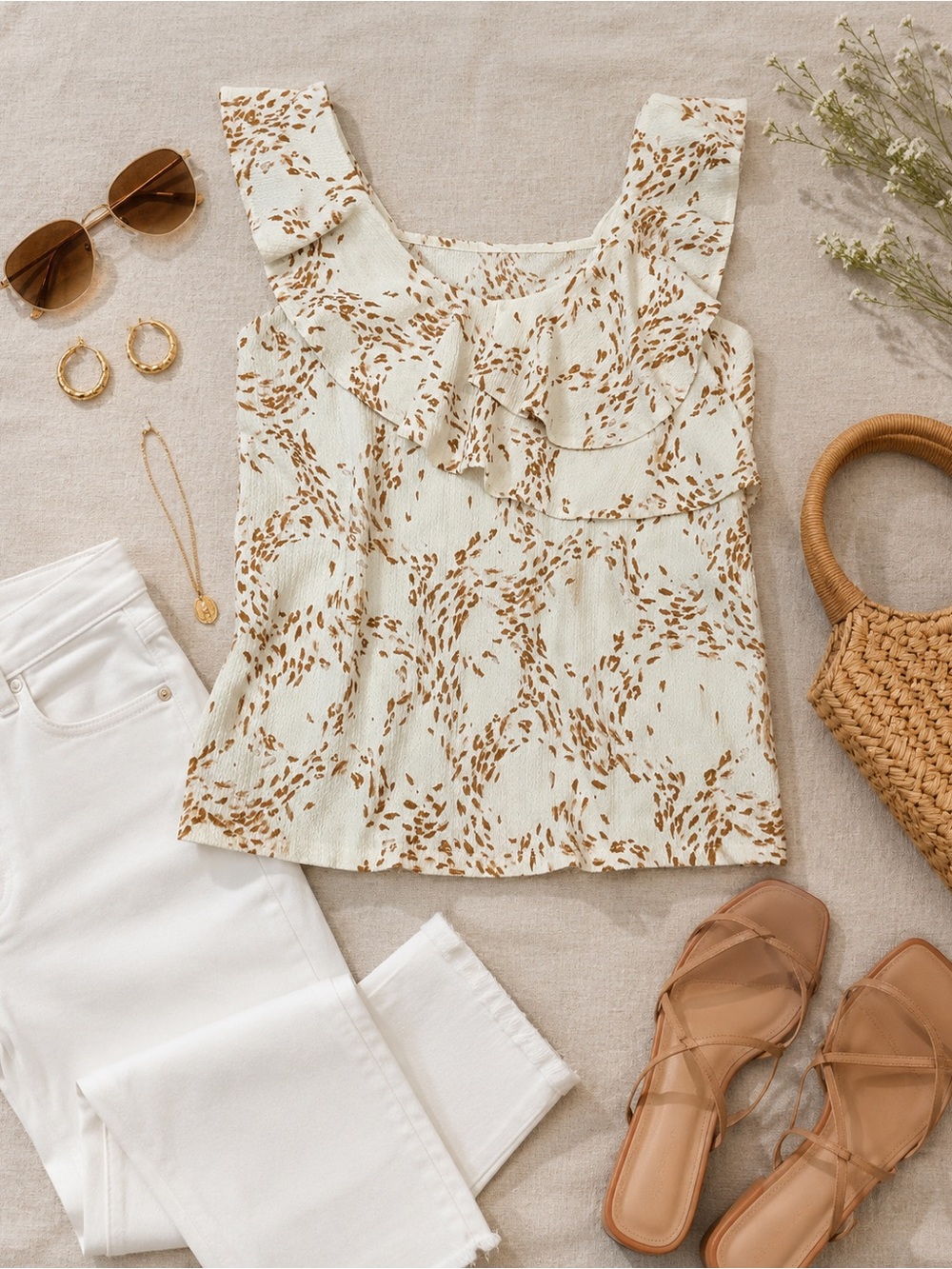 Nine West Cream Ruffle Tank Top with Rust Print